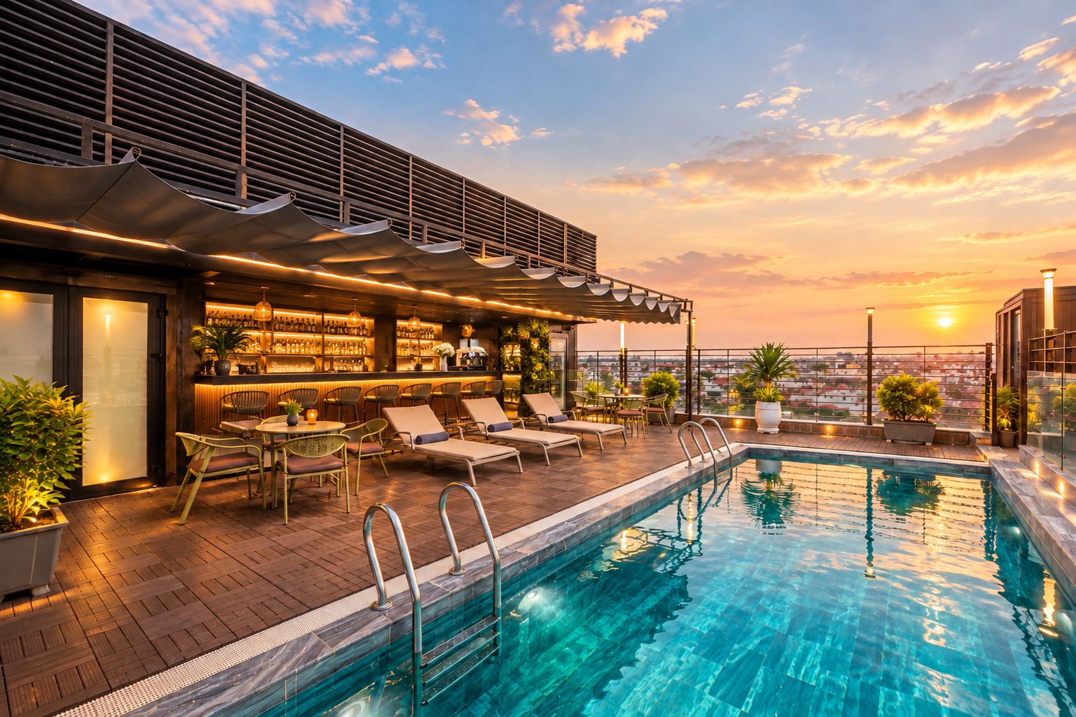 A rooftop bar with a pool, lounge chairs, and a sunset view.