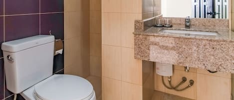 A bathroom with a toilet, sink, mirror, and tiled walls.