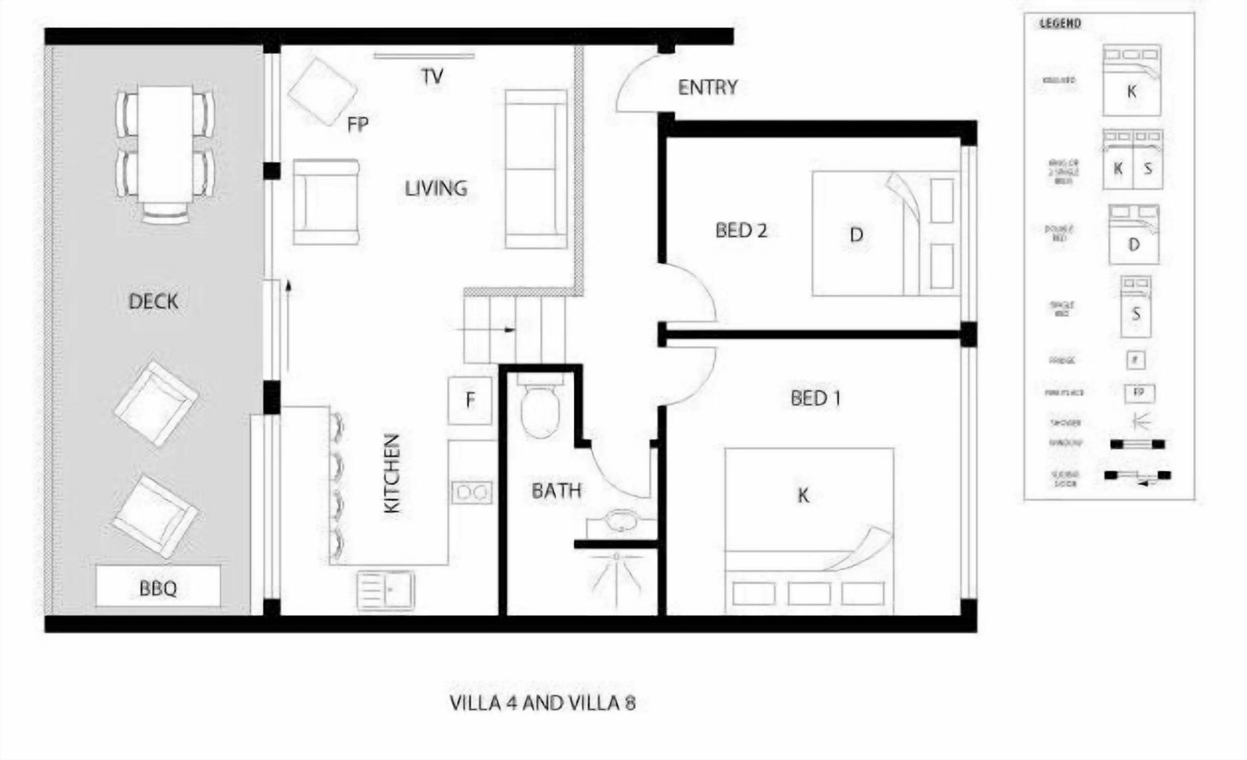 Plano de planta de la Villa 4 y la Villa 8, que incluye una terraza, barbacoa, zona de estar, cocina, dos dormitorios, un baño y una entrada.