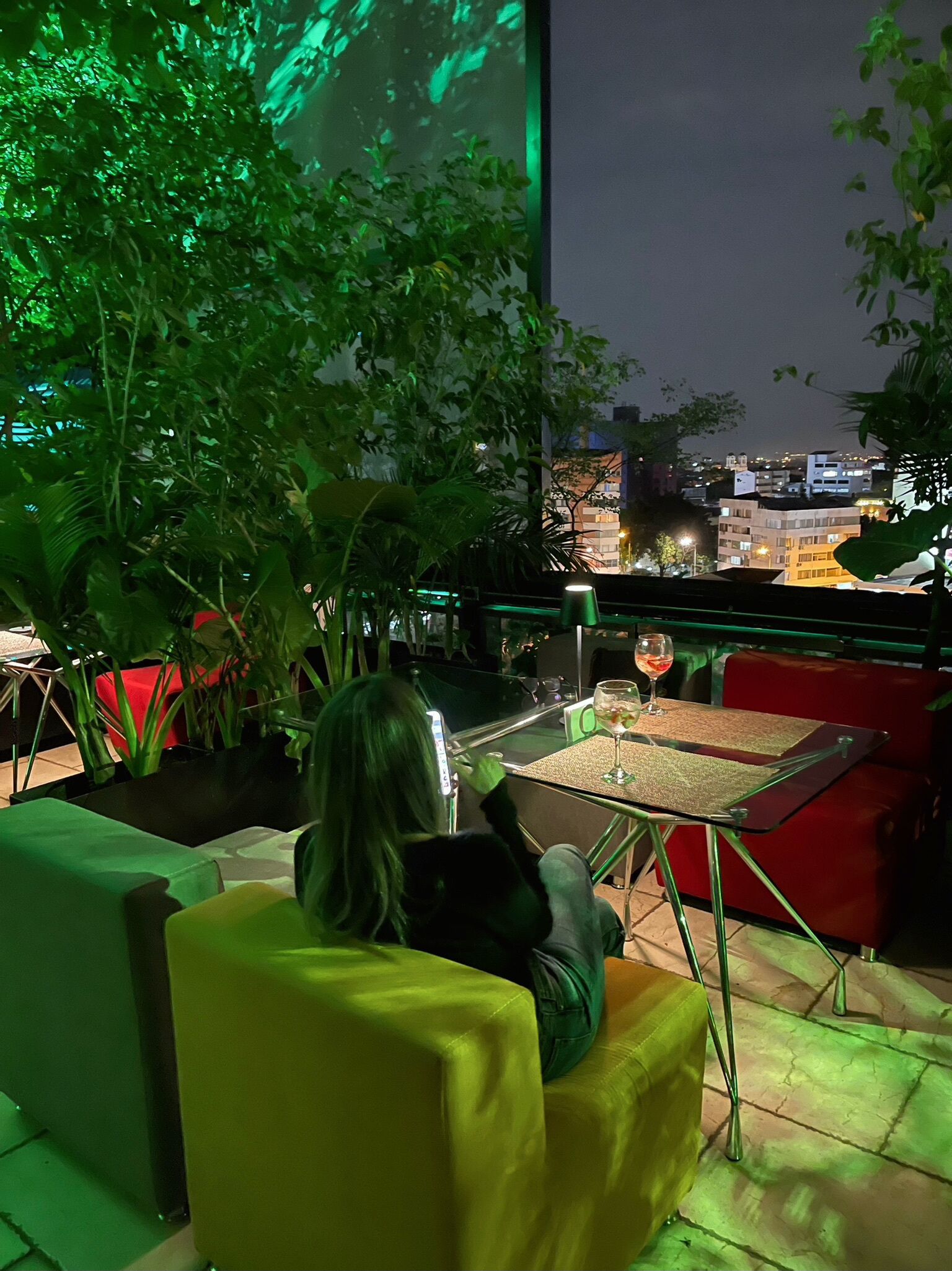 A person sitting on a green sofa at a table with a glass of wine, overlooking a cityscape at night.