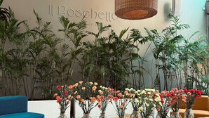 A modern interior with a wooden coffee table, wicker pendant lights, and a variety of plants. - Now Hotel Cali - Adults Only (Cali)