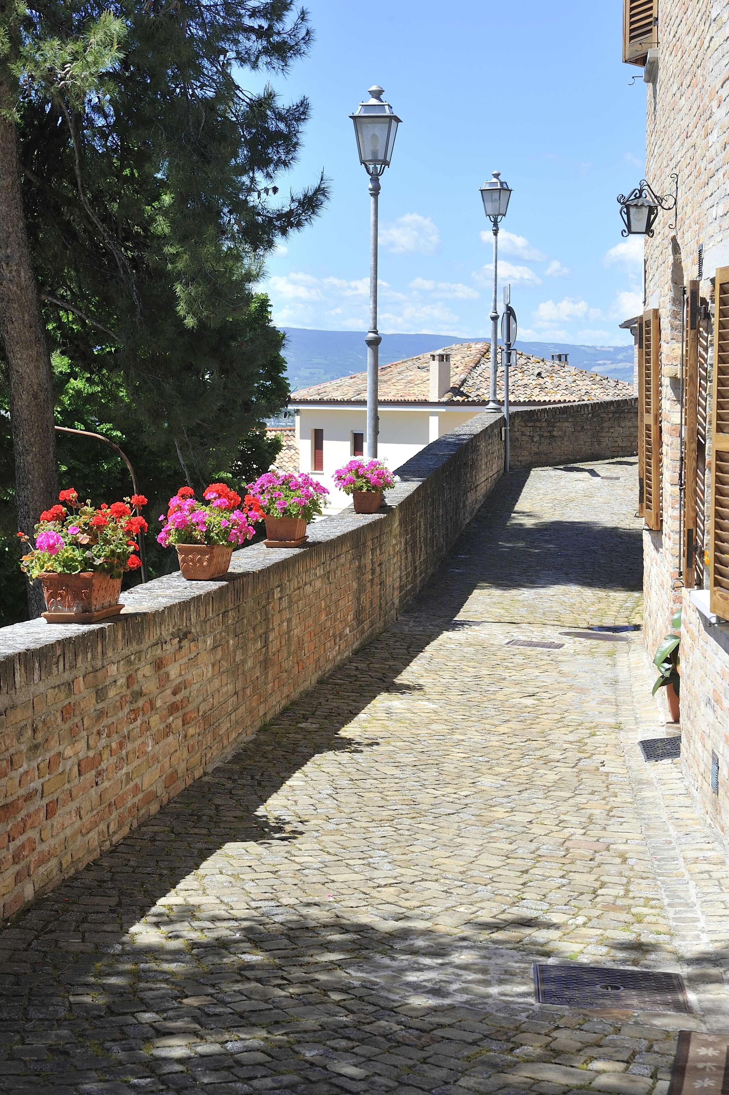 A cobblestone alley with brick walls, potted plants, and street lamps.