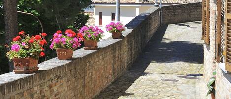 A cobblestone alley with brick walls, potted plants, and street lamps.