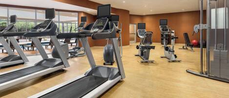 A gym with treadmills, elliptical machines, and exercise balls.