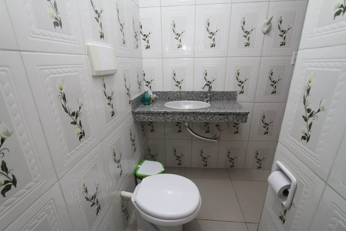 Bany petit amb vàter blanc, un lavabo i un paperer verd.
