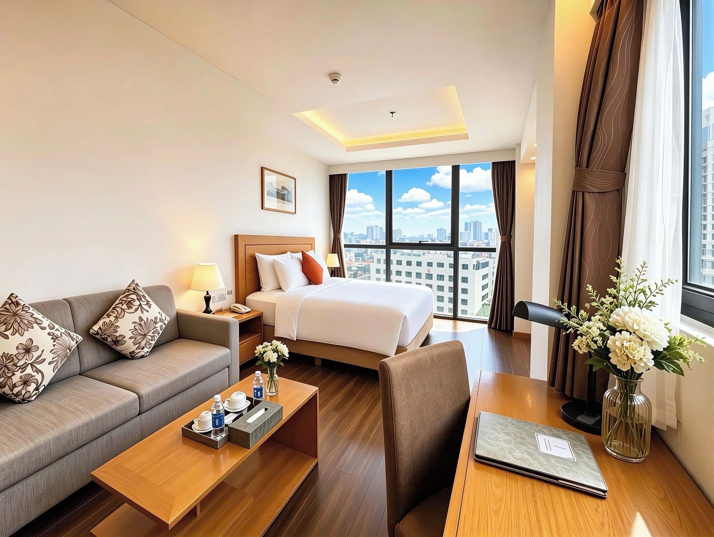 Habitación de hotel con cama, sofá, mesa de centro con detalles, escritorio con computadora portátil y vista a la ciudad.