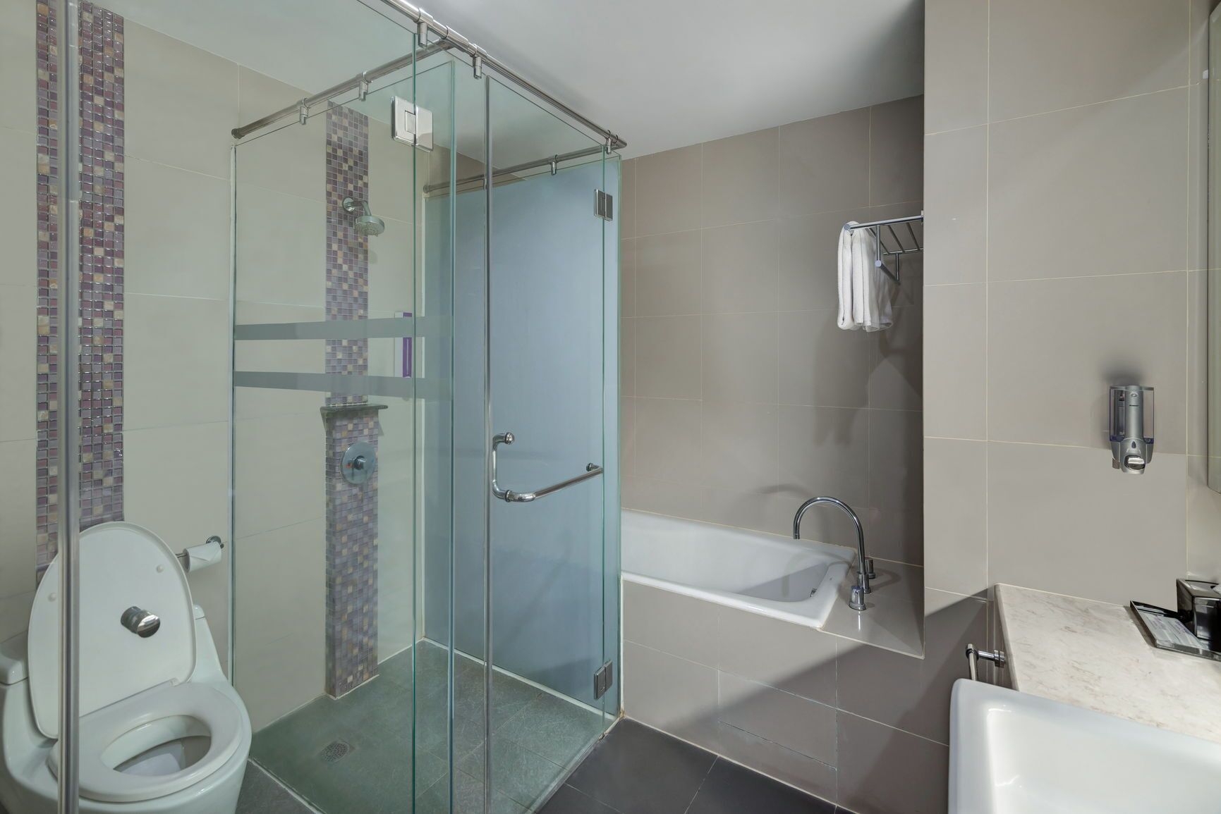 A modern bathroom with a glass-enclosed shower, a separate toilet, a bathtub, and a vanity with a sink.