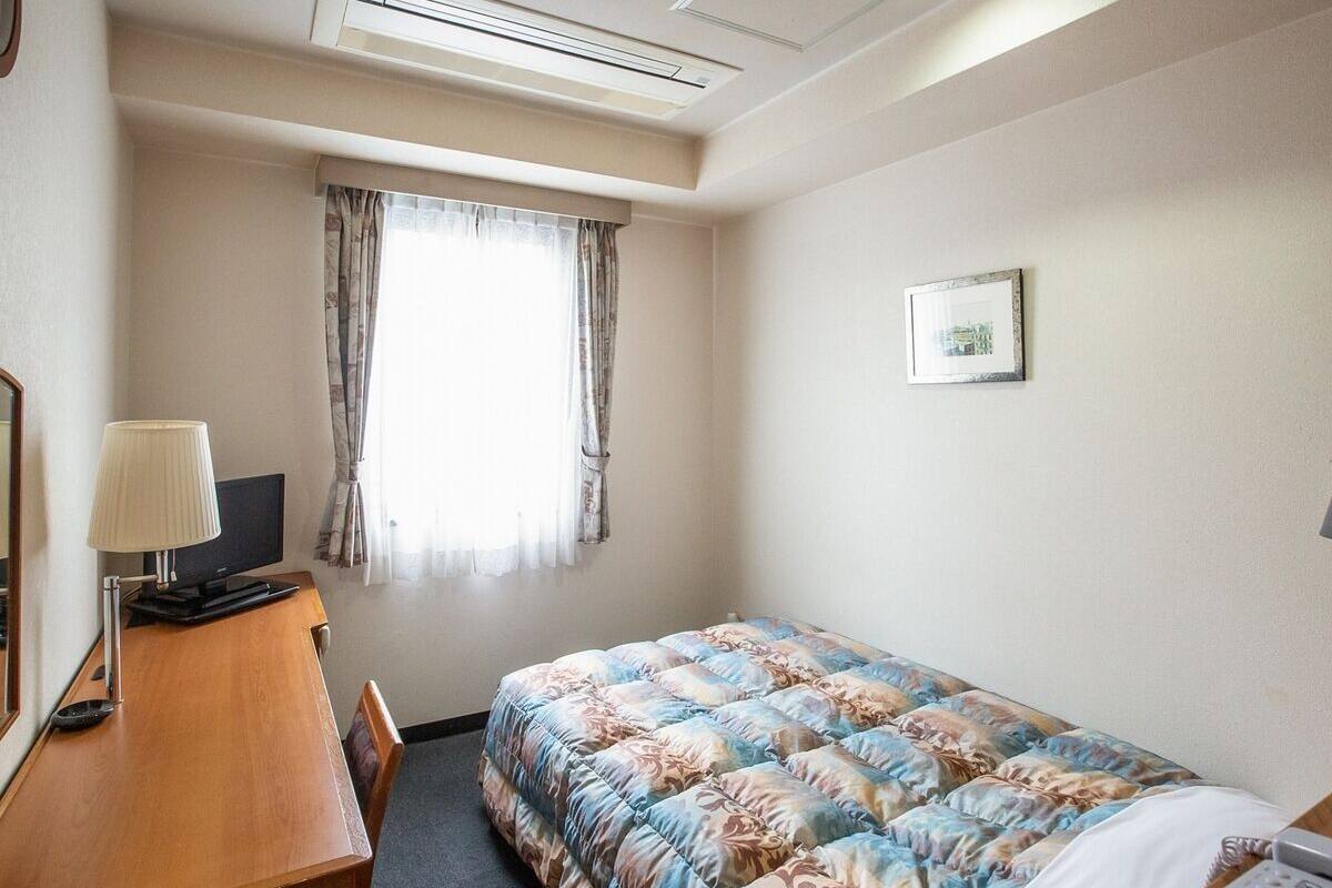 A hotel room with a bed, a desk, a chair, a television, and a window with curtains.