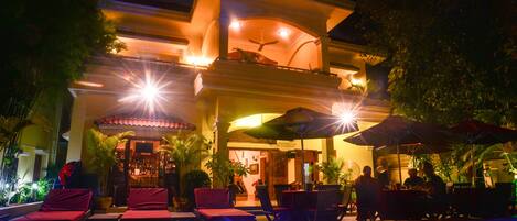 Outdoor pool, pool umbrellas, pool loungers