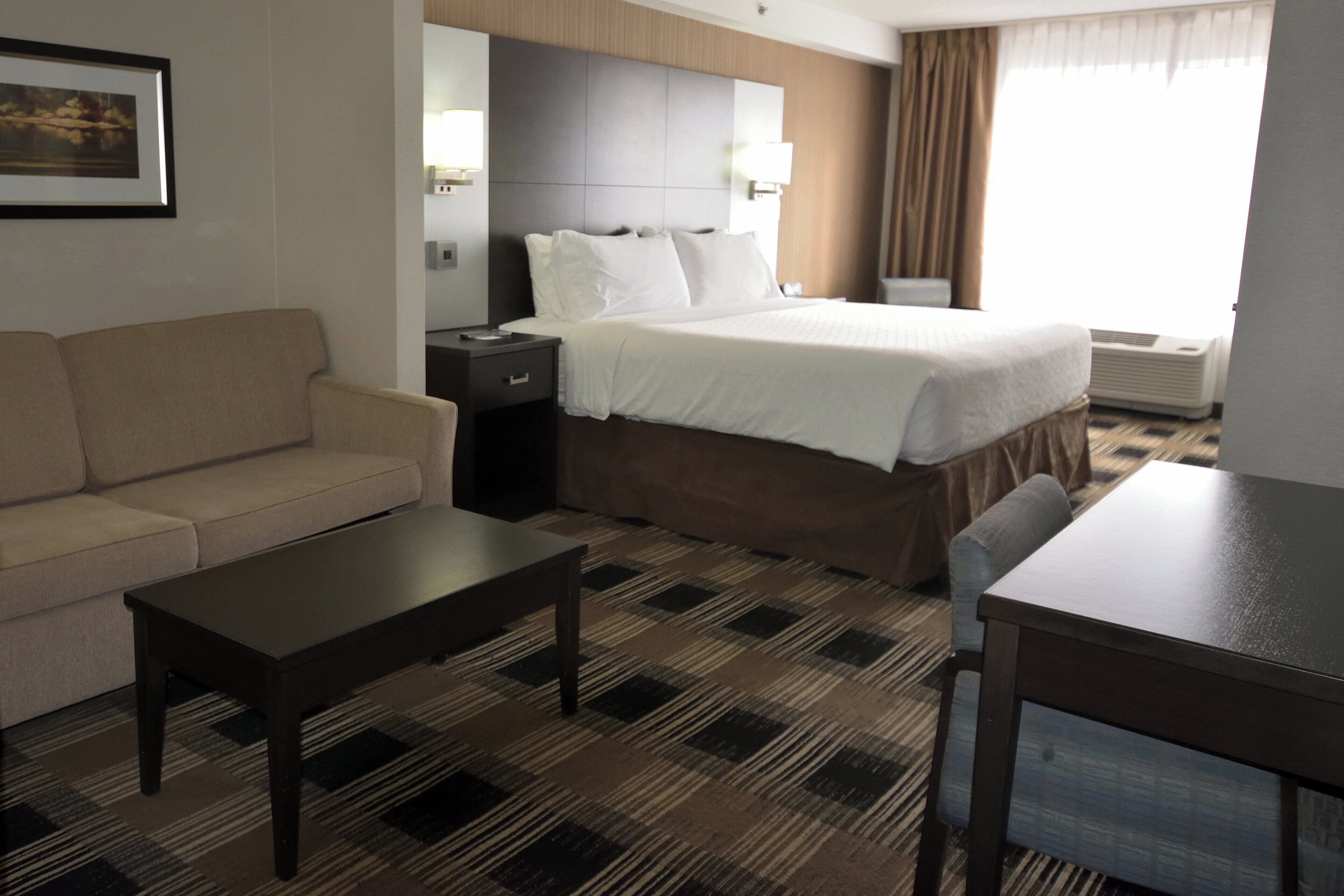 A hotel room with a bed, a sofa, a table, and a desk.