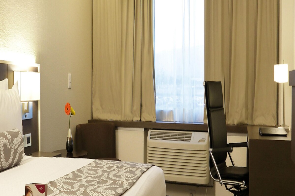 Habitación de hotel con cama, escritorio, silla, radiador y ventana con cortinas.