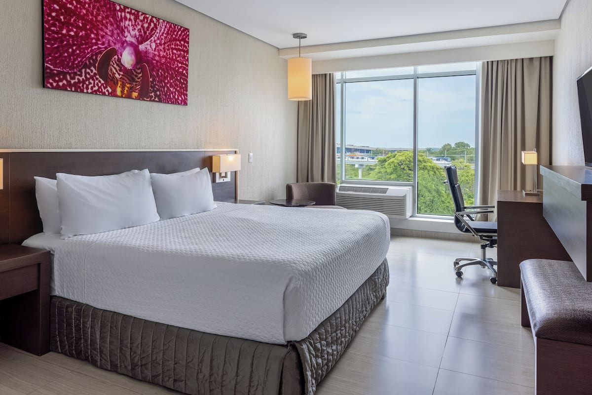 Habitación de hotel con una cama grande, un escritorio, una silla y un televisor.