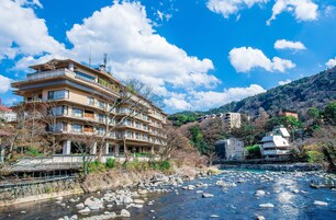 Un hotel de varios pisos con balcones, un río en primer plano y montañas al fondo.