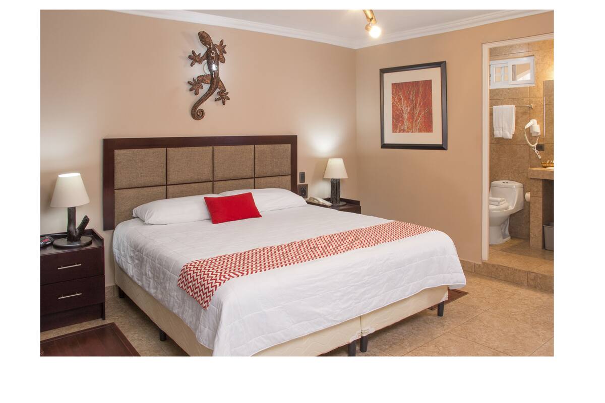 Una habitación de hotel con una cama grande, dos mesitas de noche con lámparas, un almohadón rojo, un cuadro enmarcado en la pared y un baño visible a través de una puerta abierta.