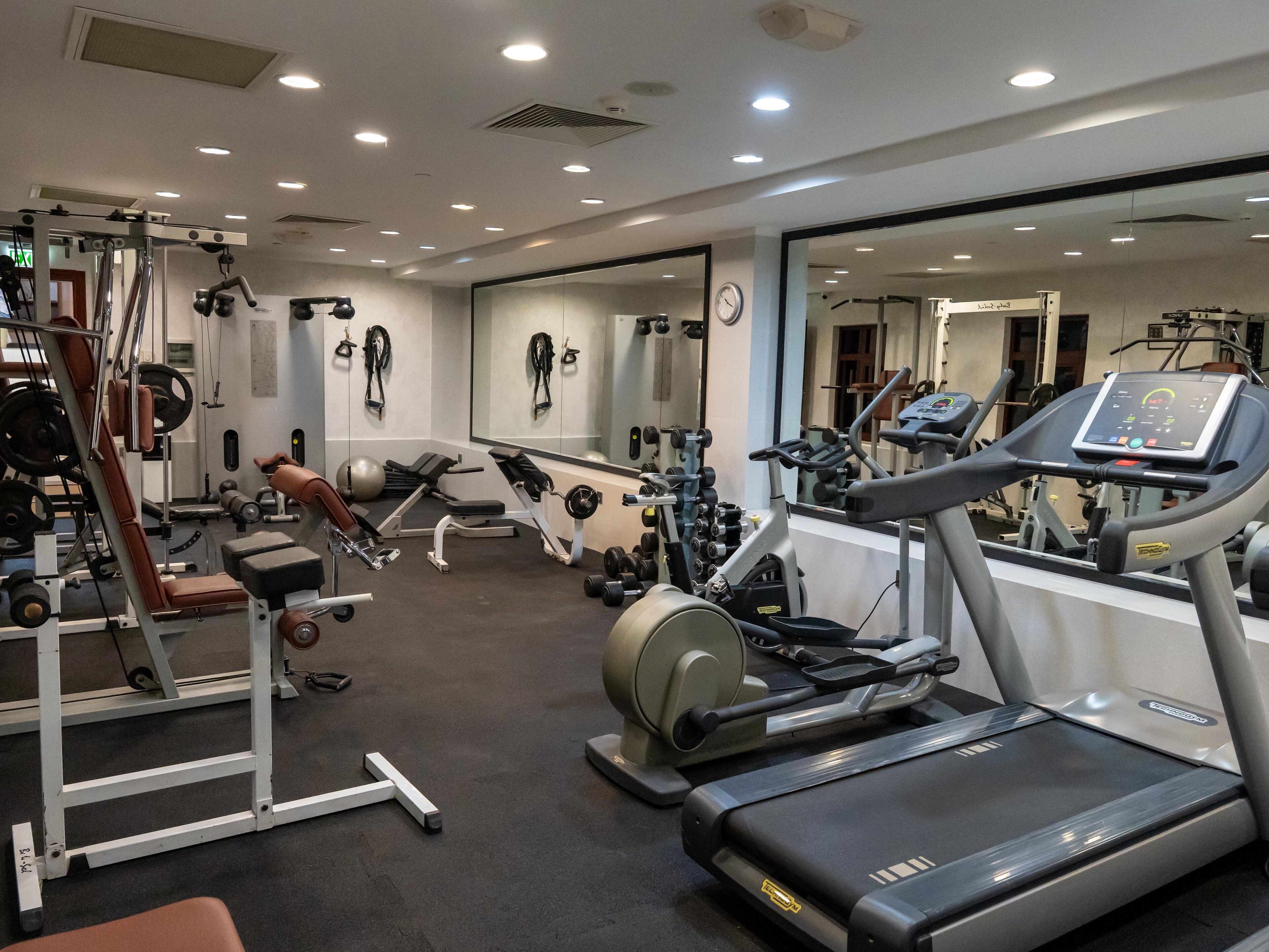 Un gimnasio con diversos equipos de ejercicio, incluyendo cintas de correr, máquinas de pesas y pesas libres.
