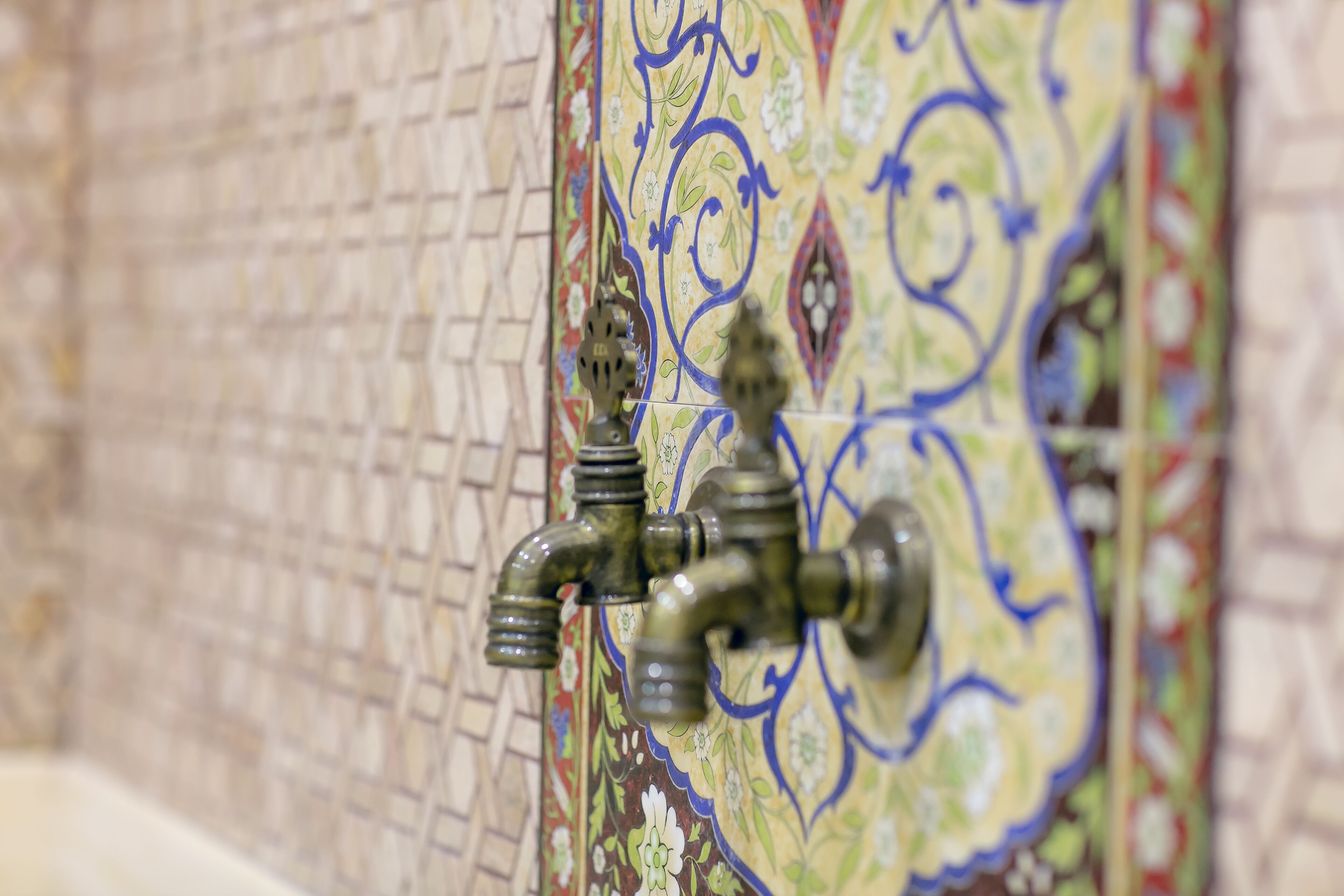 A close-up of a decorative tiled wall with a brass faucet.