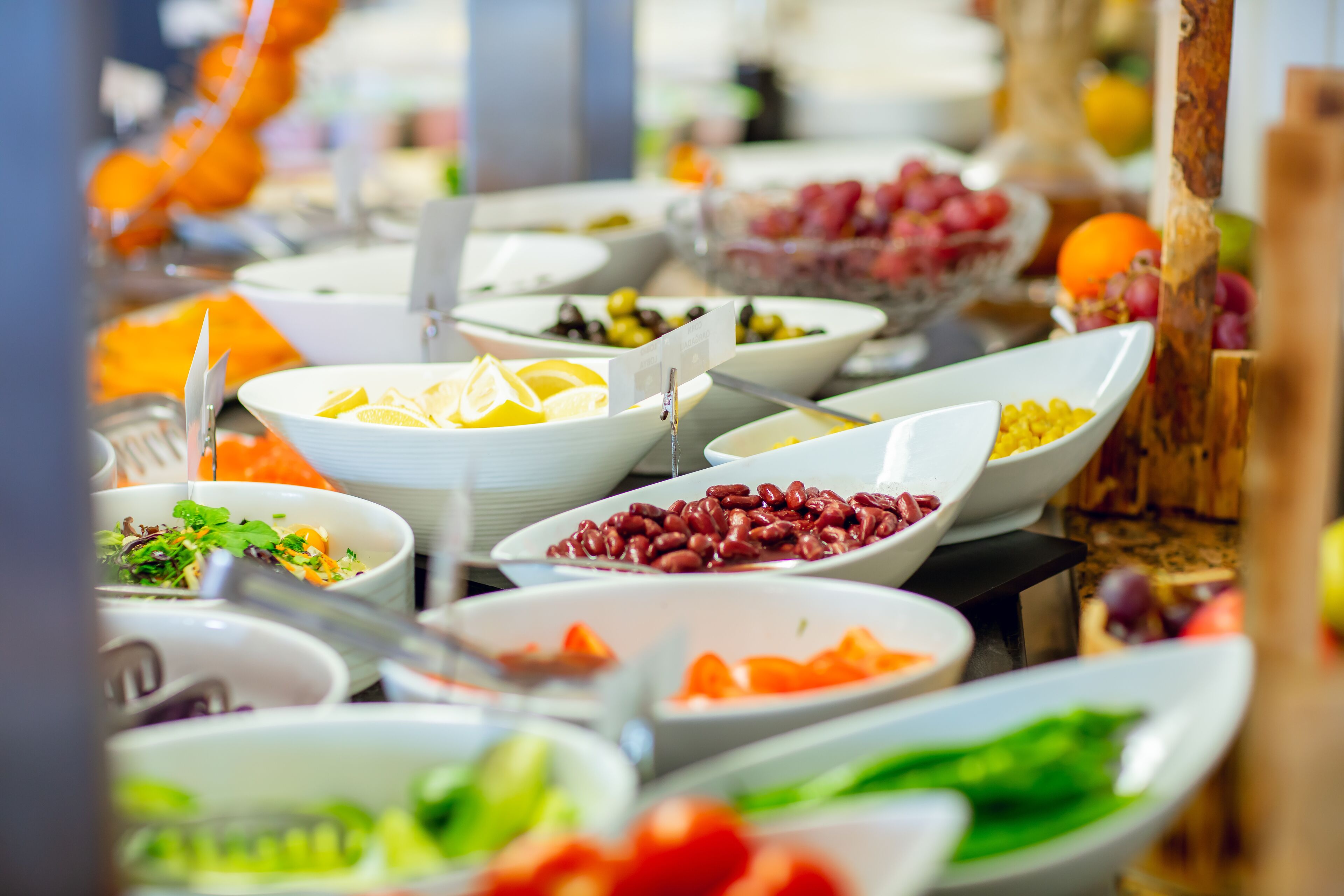 Un bufé con diversos platos, entre ellos ensaladas, frutas y legumbres.