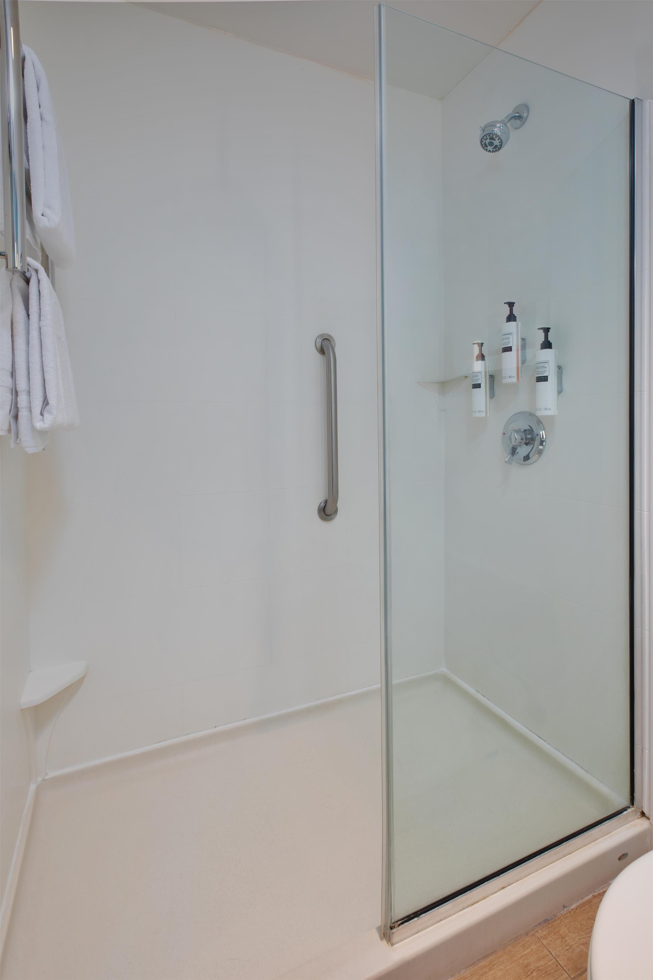 A glass-enclosed shower with a handrail, a toilet, and toiletries on the wall.
