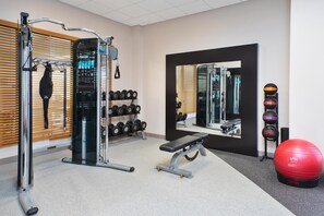 A gym with exercise equipment, a bench, a red exercise ball, and a mirror. - Hilton Garden Inn Akron (Akron)