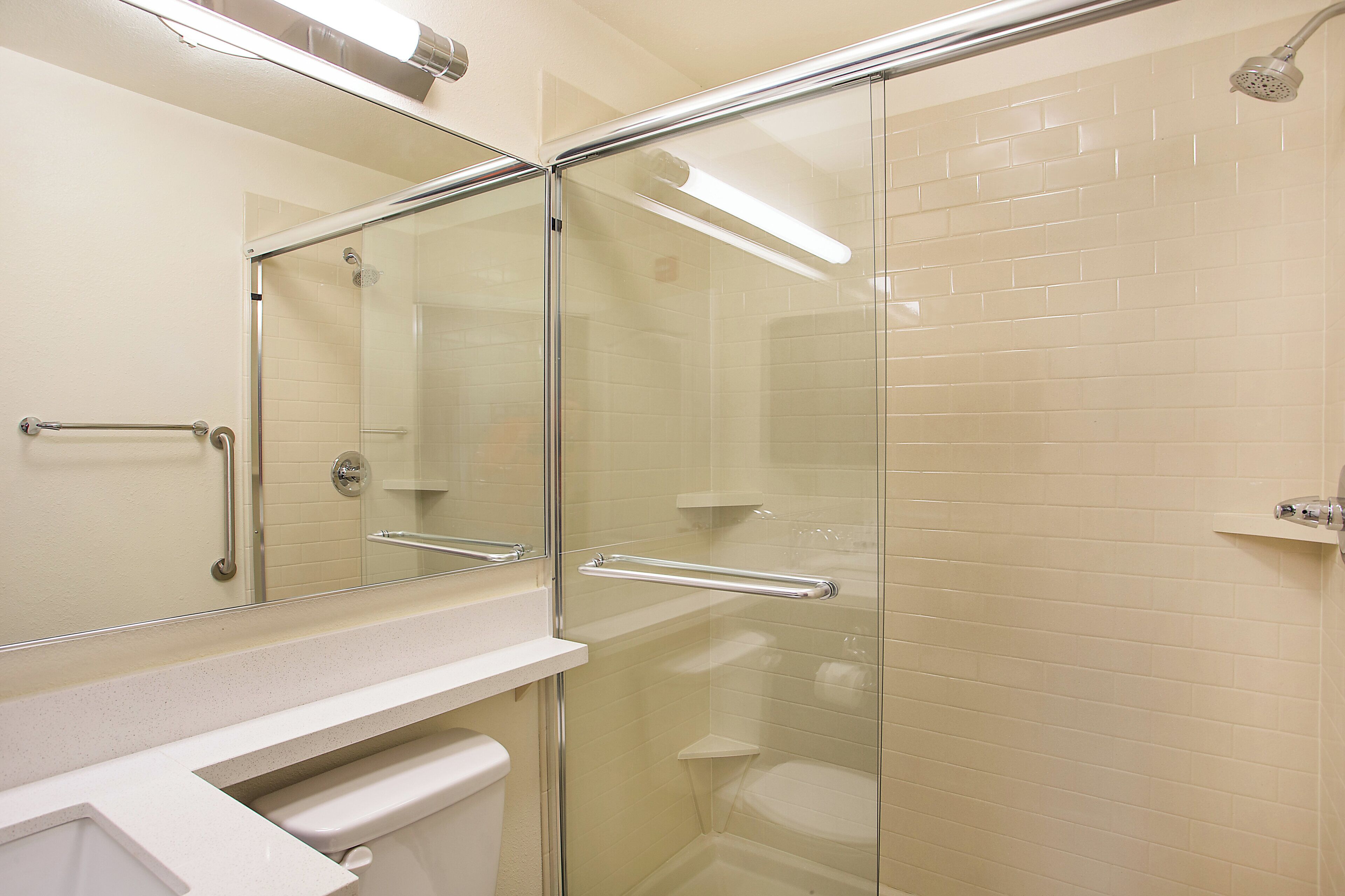 Une salle de bain avec une douche à parois de verre, des toilettes et un miroir.