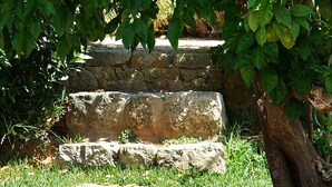Un banco de piedra con un área verde y una maceta con flores rosas.