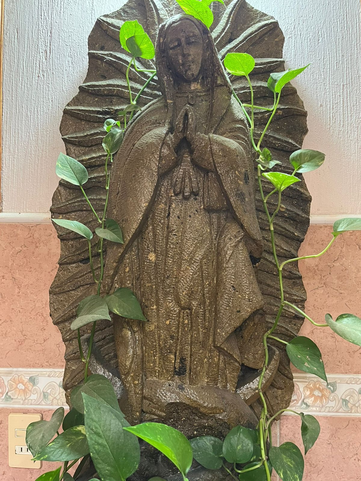 A stone statue with a halo, surrounded by green plants.