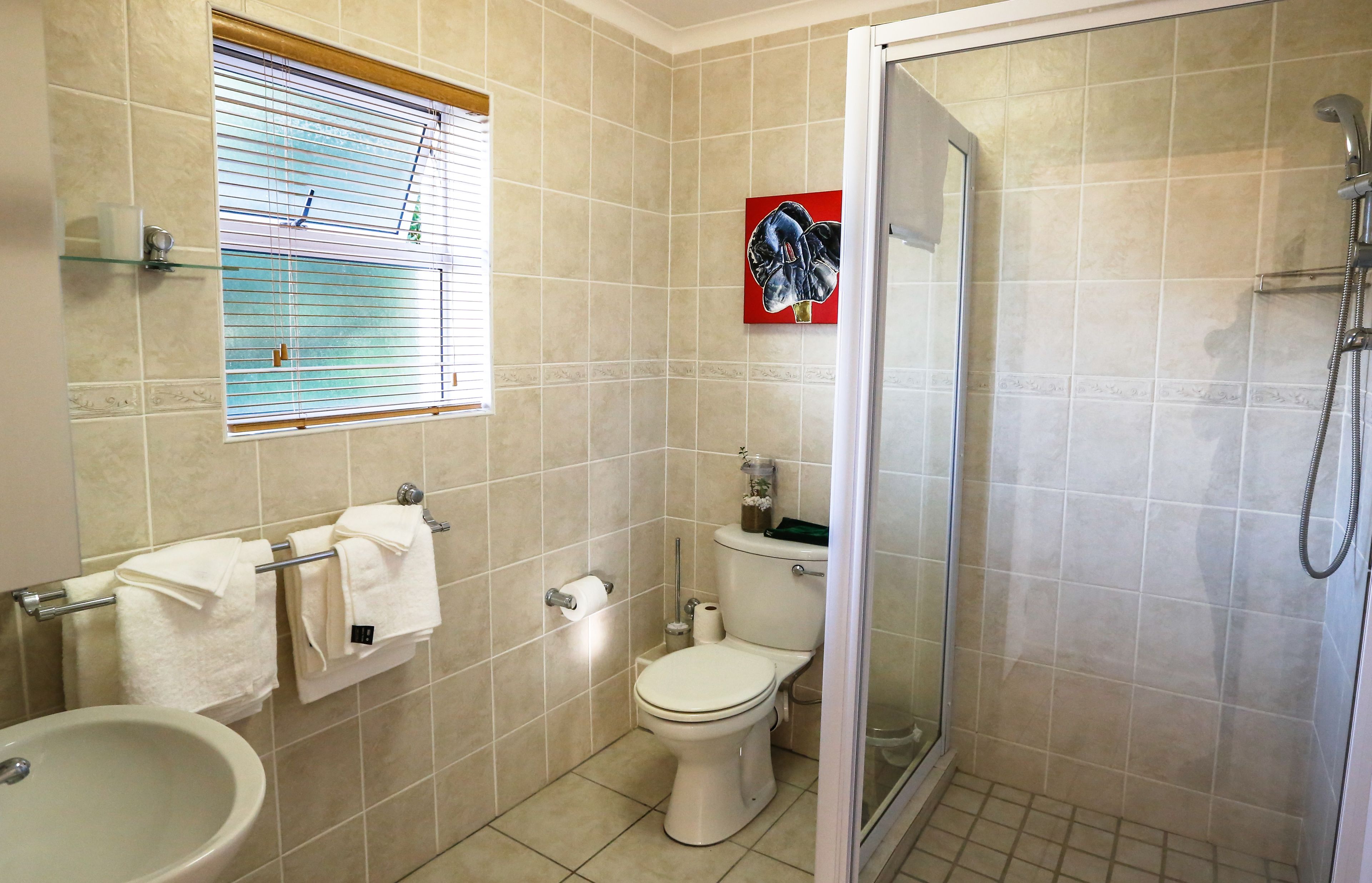 A bathroom with a toilet, sink, and shower.
