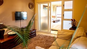 Una sala de estar con sofá, televisión, chimenea y puerta corrediza de vidrio que da a un balcón.