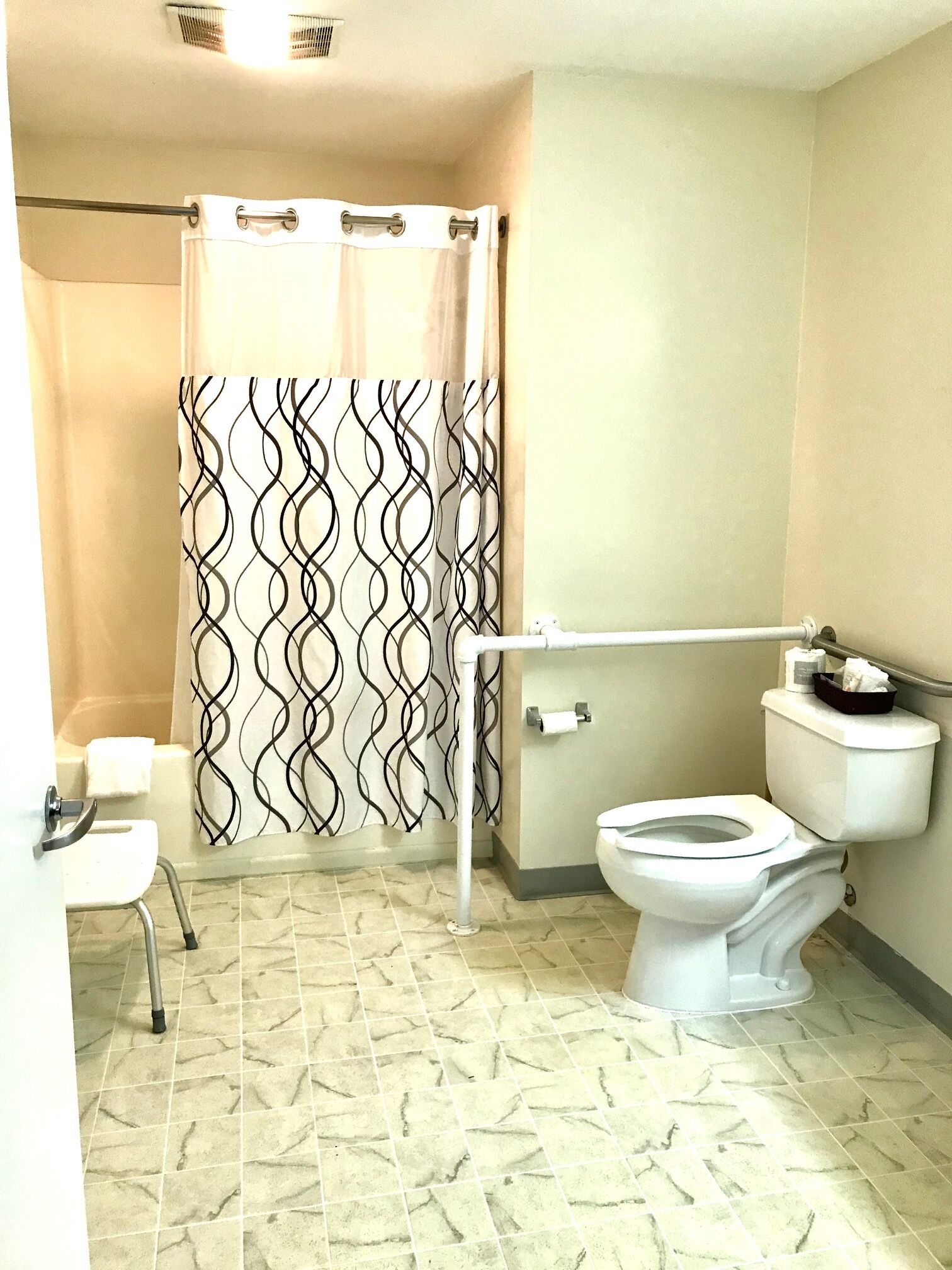 A bathroom with a toilet, a shower curtain, and a handrail.