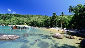 Uma praia com águas cristalinas, rochas e palmeiras.