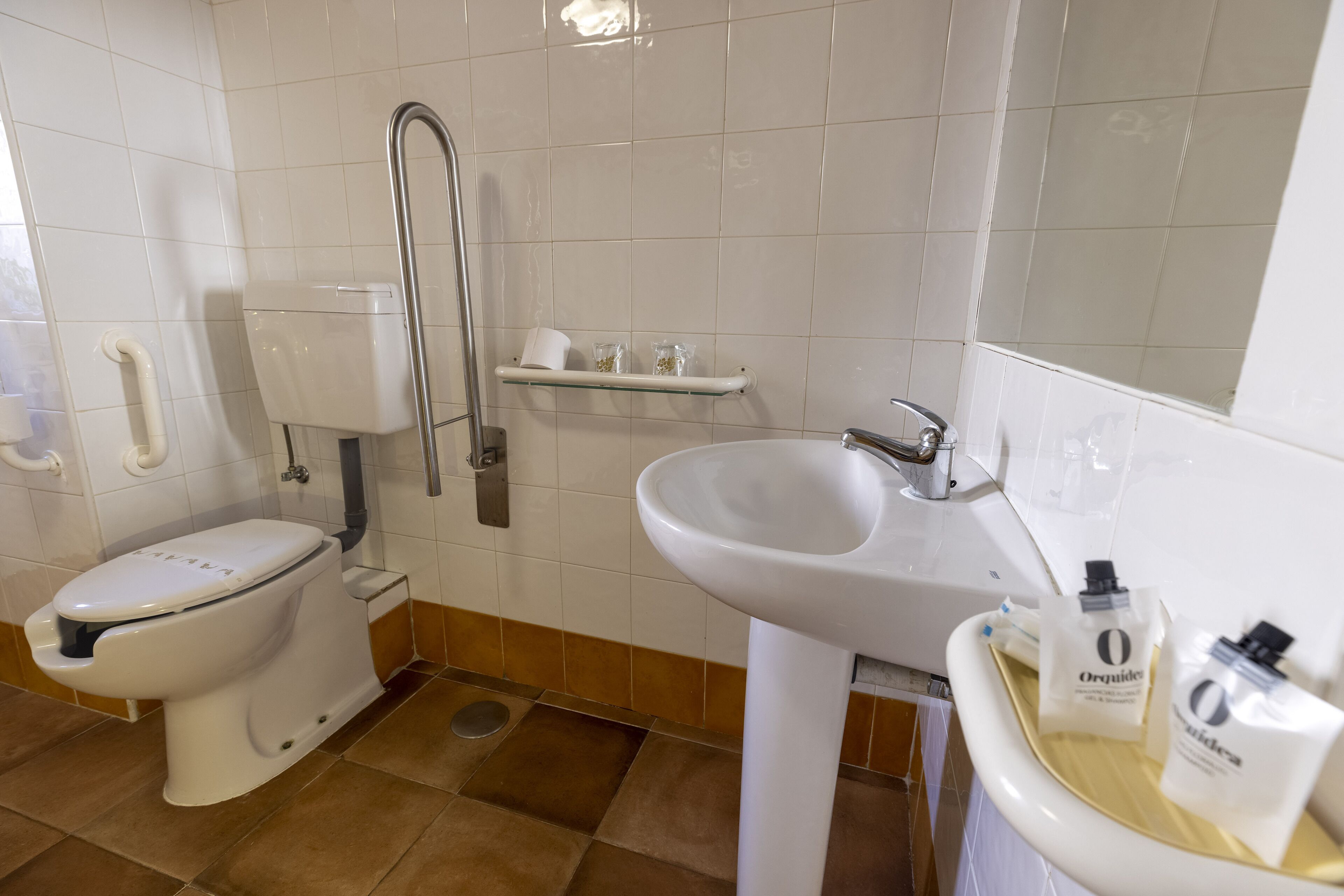 A bathroom with a toilet, a sink, and a shower.
