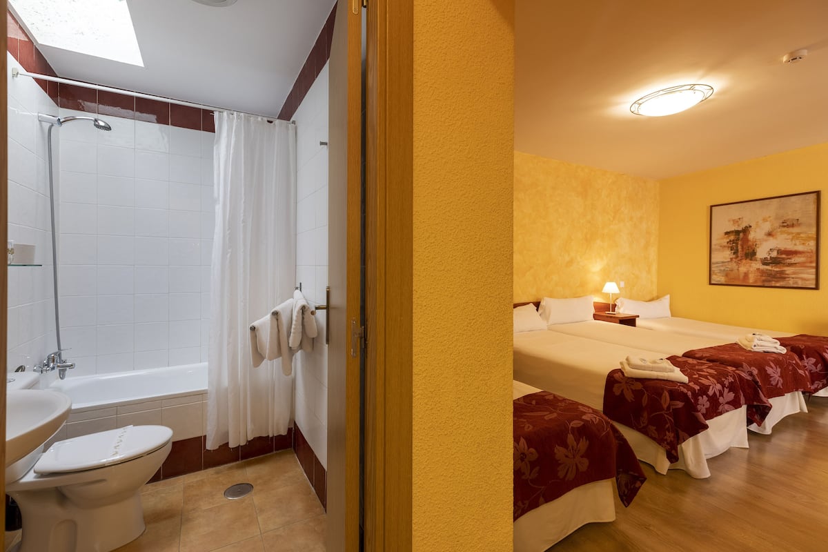 Une chambre d’hôtel avec une salle de bain, un lit et un tableau au mur.