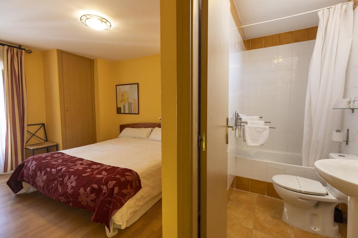 Une chambre avec un lit, une salle de bain avec une baignoire, des toilettes et un lavabo.