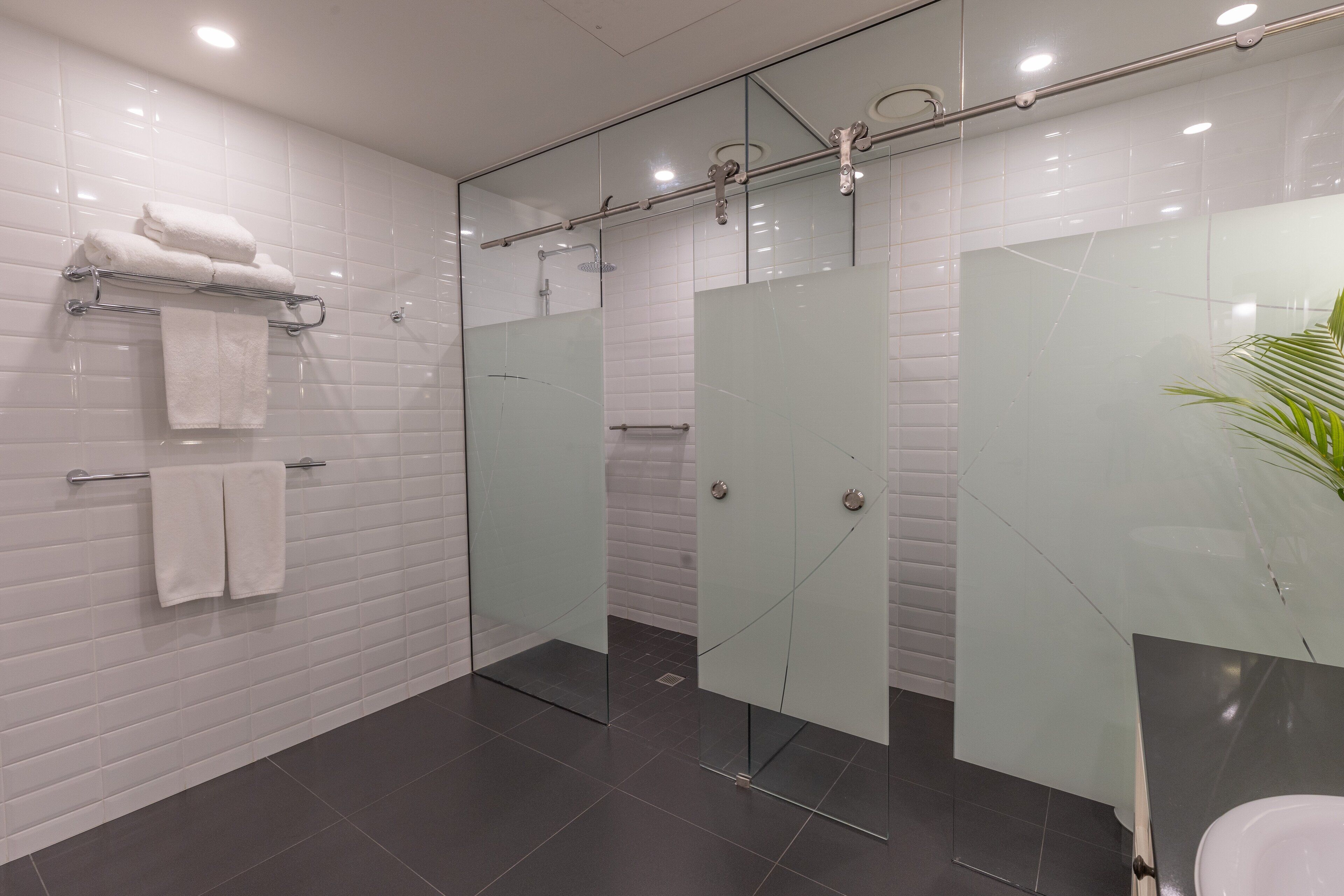A modern bathroom with a glass shower enclosure, a glass partition, and a dark tiled floor.