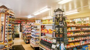 Una tienda de conveniencia bien surtida con estantes llenos de aperitivos, bebidas y artículos de cuidado personal.