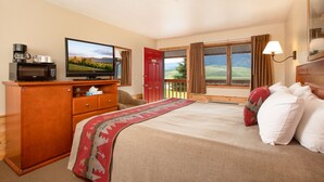 Habitación de hotel con cama, televisor, escritorio con microondas y vista al exterior.