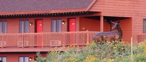A rustic building with a red exterior, a balcony with a railing, and a deer statue in the foreground.