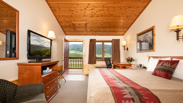 Habitación de hotel con una cama, un escritorio con silla, un televisor y vistas al exterior.