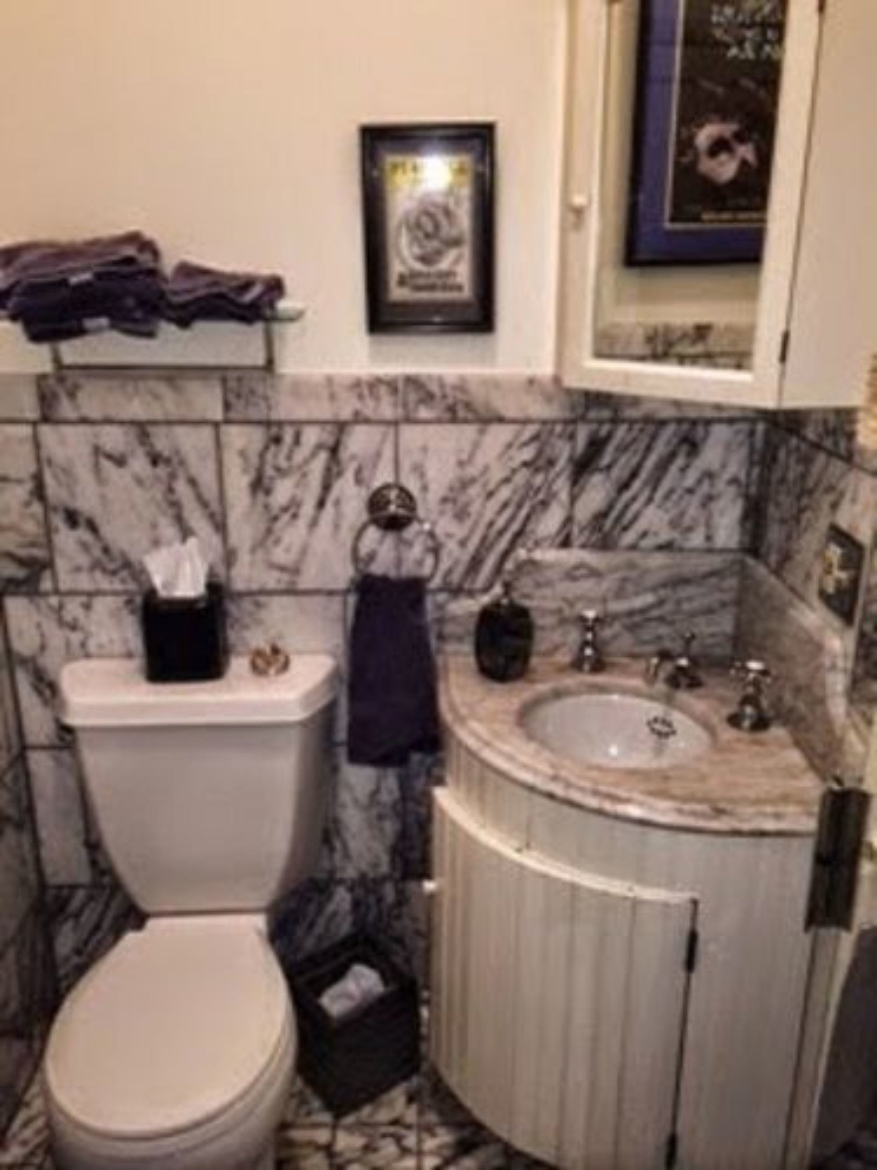 A bathroom with a toilet, sink, and marble walls.
