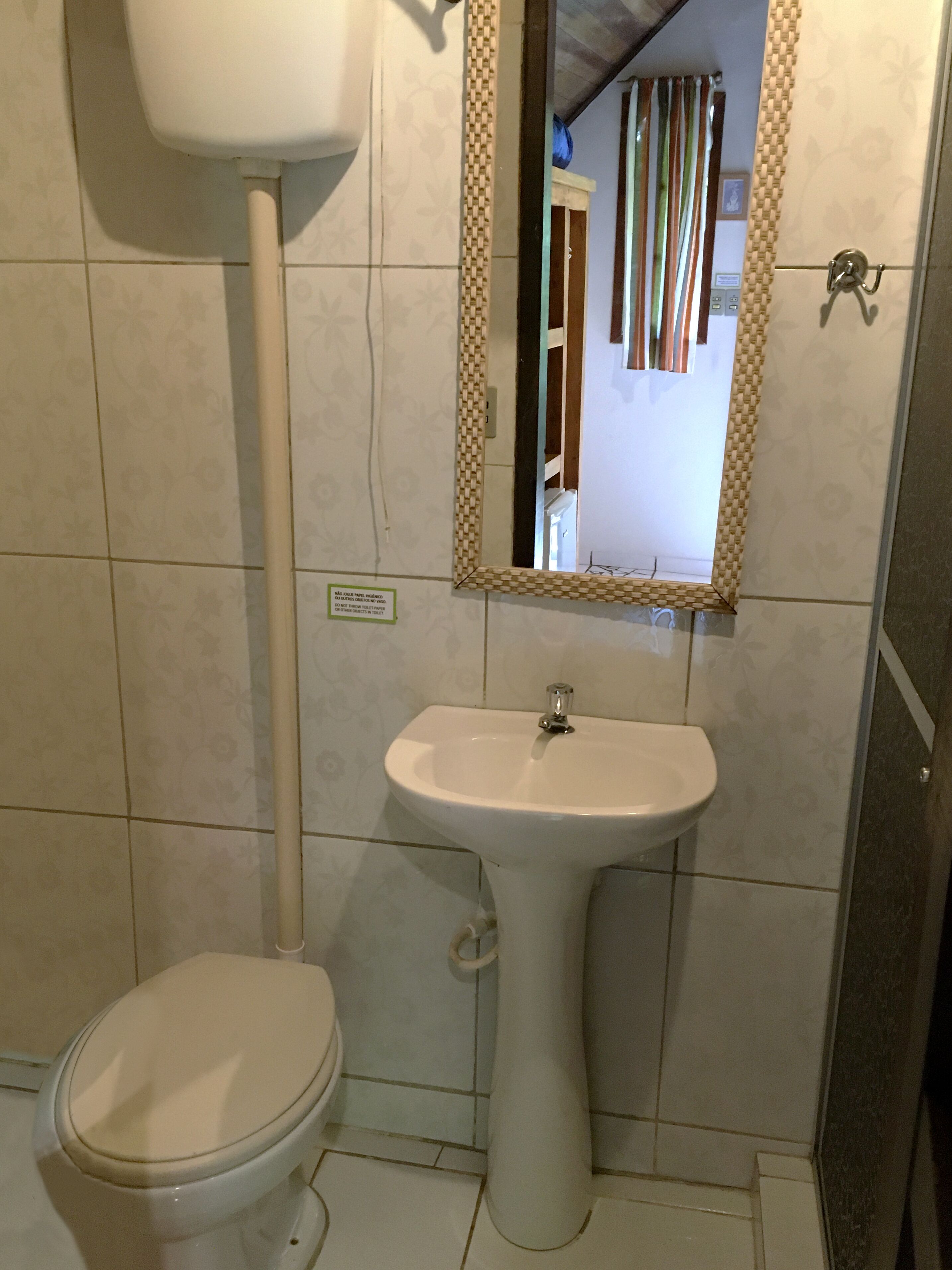 Uma casa de banho com sanita, lavatório sobre pedestal e espelho com moldura decorativa.