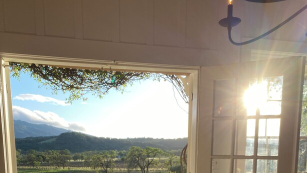 Une table dressée pour le dîner, avec vue sur un vignoble et des montagnes.