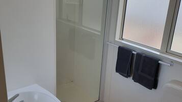 A bathroom with a glass-enclosed shower, a white sink, and a toilet.