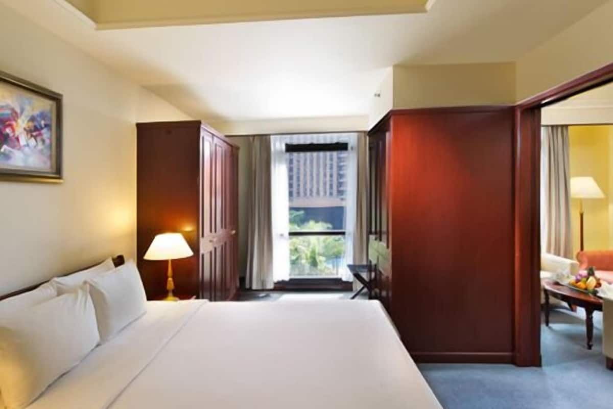 A hotel room with a large bed, a desk with a lamp, a chair, and a view of the outdoors.