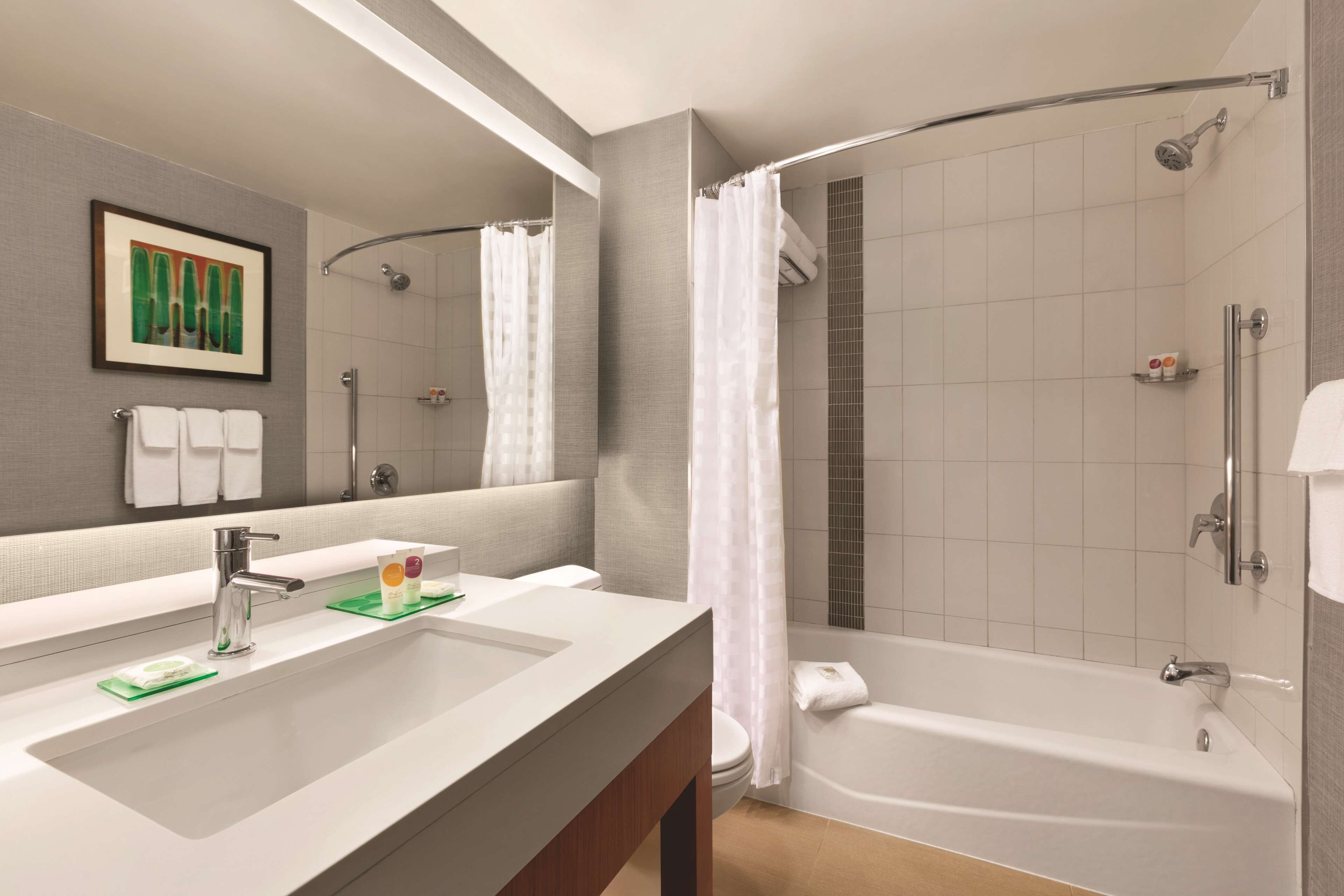 designer toiletries, hair dryer, towels