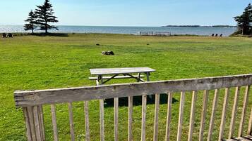 A grassy area with a picnic table and a wooden fence.