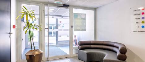 A modern reception area with a curved seating area, a large potted plant, and a glass door leading outside.