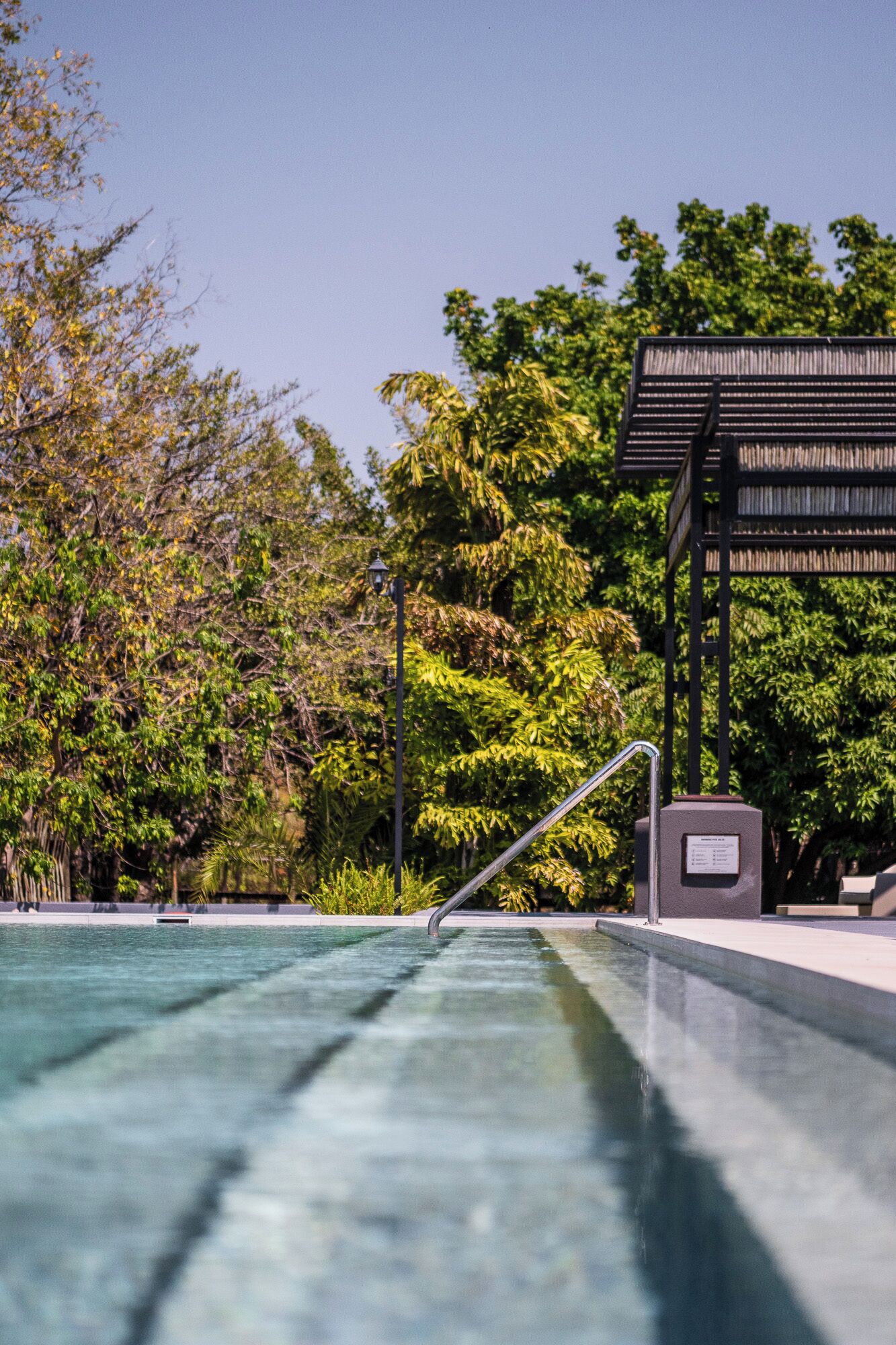 A swimming pool with a metal ladder, surrounded by lush green trees and a modern structure with a sloped roof.