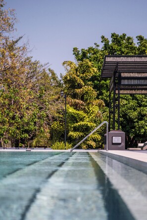 A swimming pool with a metal ladder, surrounded by lush green trees and a modern structure with a sloped roof.