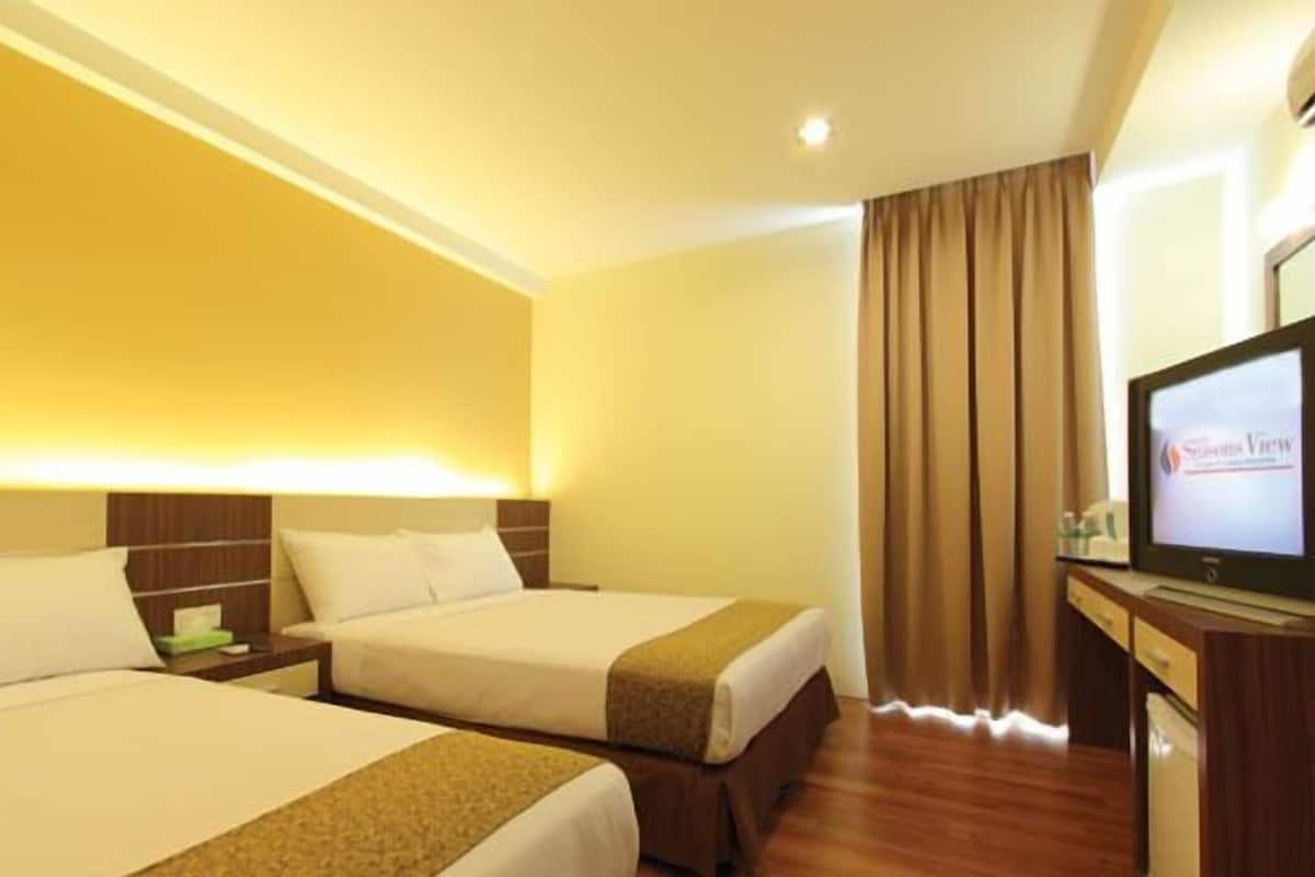 A hotel room with two beds, a television, and a curtain.