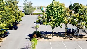 A parking lot with trees and a clear sky.